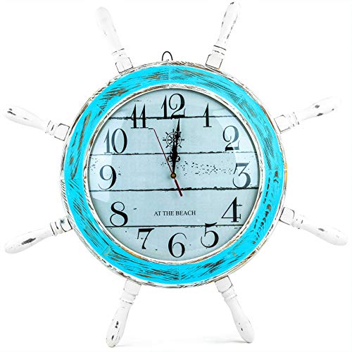 Nagina International 28 Inches Distressed Blue White Ship Wheel Wall Clock Nautical Coean Sea Decor