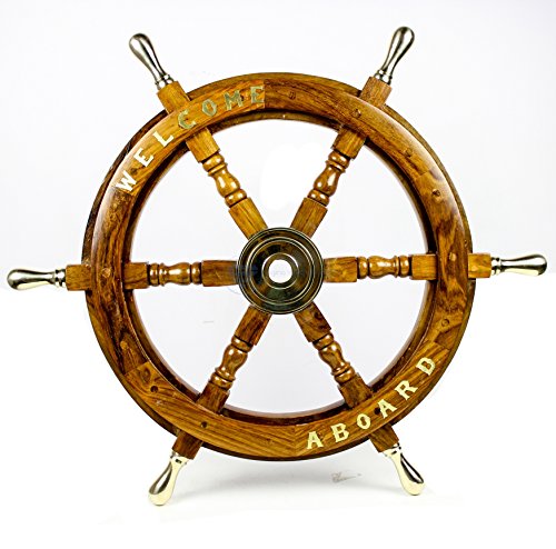 Nagina International Welcome Aboard Embedded Premium Handcrafted Nautical Pirate's Wall Decor Ship Wheel (42 Inches, Brass Handle)