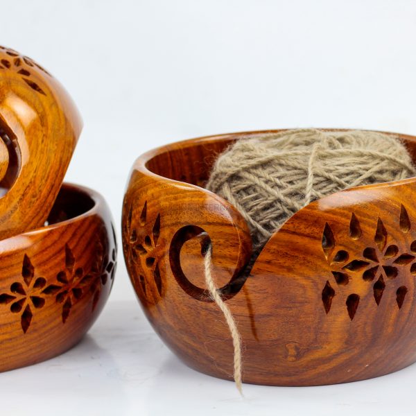 Rosewood Crafted Wooden Yarn Storage Bowl With Carved Holes & Drills | Knitting Crochet Accessories | Nagina International