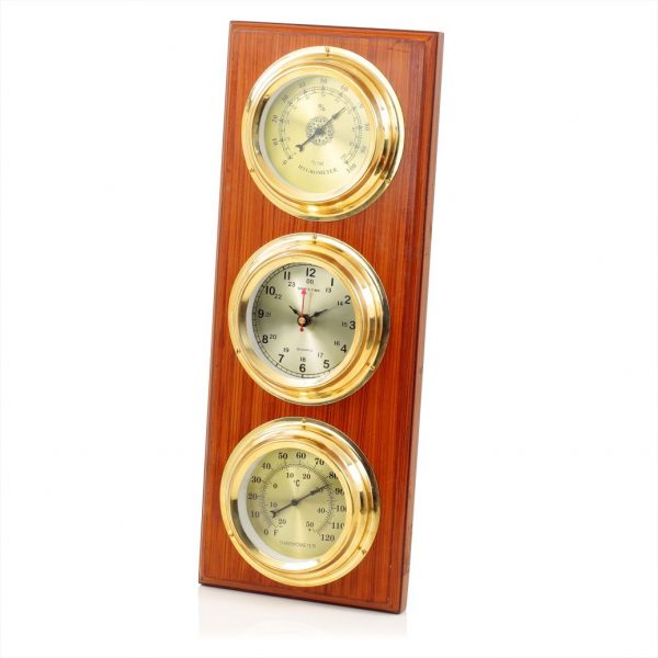Rectangular Weather Station On Wooden Antique Finish Base | Round Solid Polished Brass Style Dials with Numerical Display | Hygrometer + Wall Clock + Thermometer | Marine Wall Decor Retro Ideas