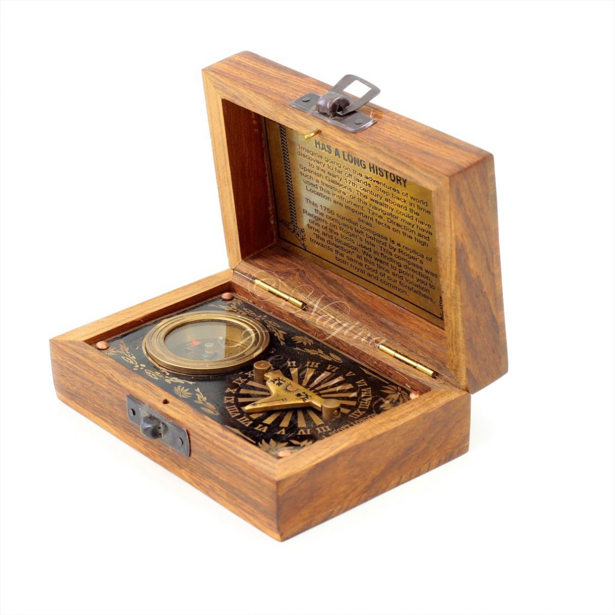 J. Scott Solid Brass Directional & Sun Compasss with Wooden Box | Etched Poem Imagine Going On The Adventure