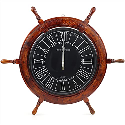 Nagina International 30" Nautical Ship Wheel Black Dial 49 Bond Street London | Vintage Colonial Style Wall Hanging Decor & Clock | Ocean Gifts Ideas