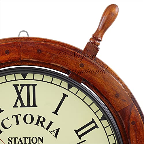Nagina International 30" Nautical Ship Wheel Cardamom Green Dial Victoria Station 1747 London | Vintage Colonial Style Wall Hanging Decor & Clock | Ocean Gifts Idea