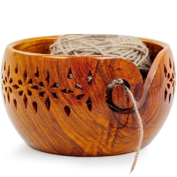 Rosewood Crafted Wooden Yarn Storage Bowl with Carved Holes & Drills | Knitting Crochet Accessories | Nagina International