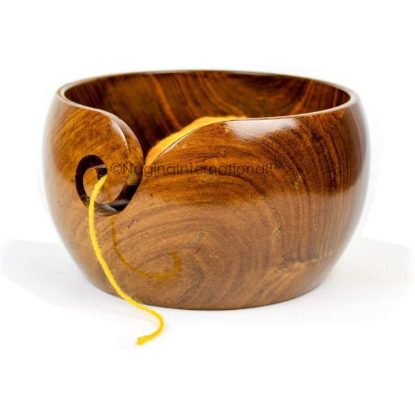Nagina International Dark Rich Deep Wood Crafted Premium Polished Yarn Storage Bowl with Spiral Yarn Dispenser