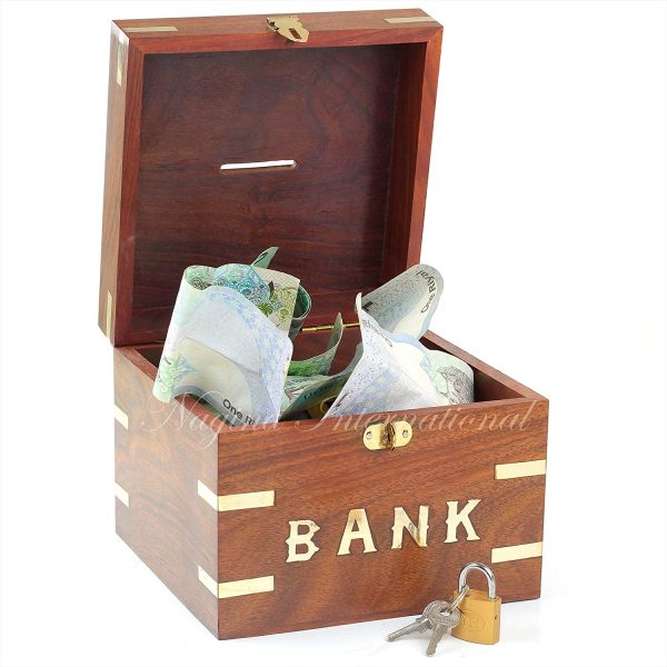 Wooden Money Bank Box Square Shaped With Mini Pad Lock | Handcrafted Piggy Bank | Children & Adults Gifts Ideas | Money Saving Coin Box | Brass Inlaid Corners | First Birthday Gifts Ideas