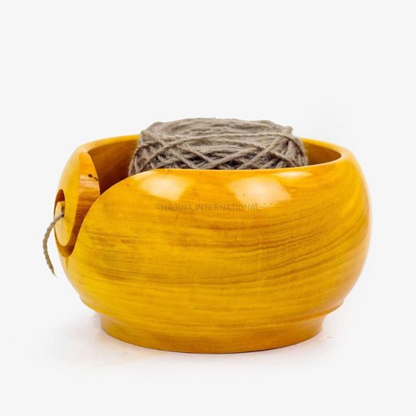 Nagina International Yellow Teak Wood Crafted Premium Portable Light Weight Knitting & Crochet Yarn Bowl | Stitch Accessories & Storage