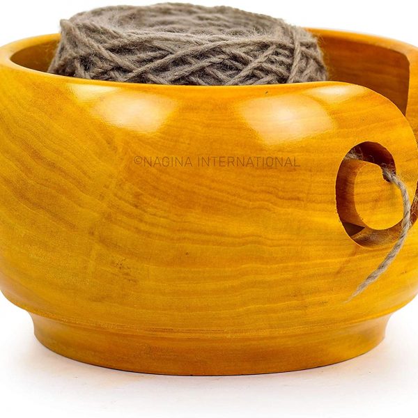 Nagina International Turmeric Wood Crafted Exclusive Knitting Yarn Ball Storage Bowl