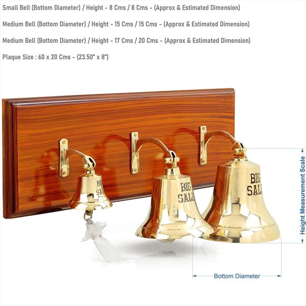 Solid Brass Polished Ship's Hanging Bells On Varnished Wooden Plaque | Beautiful Occasional Wall Hanging Decor Gifts Ideas