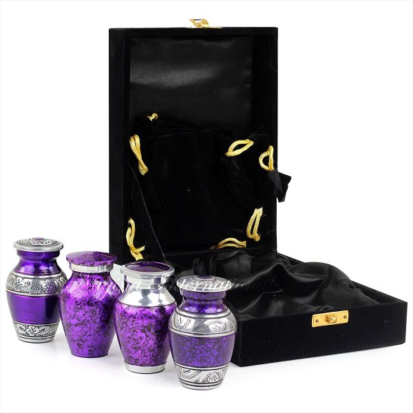 Nagina International Keepsake Funerary Urns for Human Ashes Set of 4 | Mini Funeral Cremation Pot with Velvet Box | Cremated Remains Storage Container (Lightning Purple)