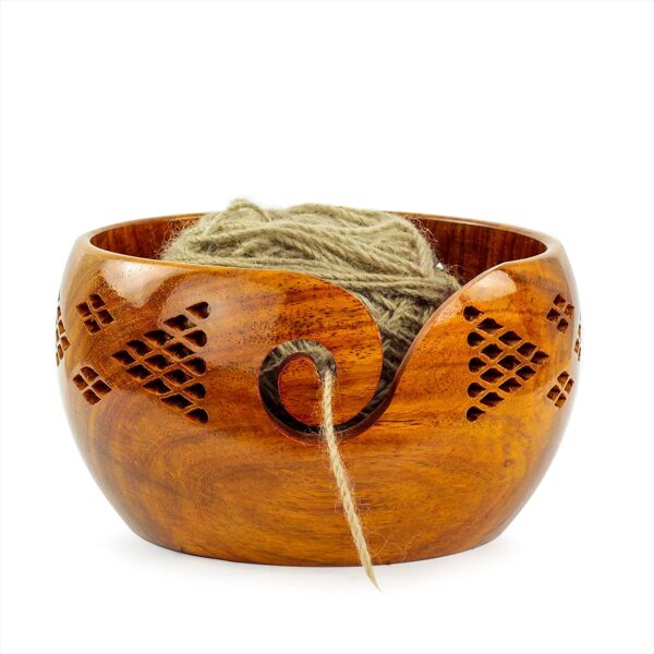 Premium Rosewood Storage Bowl for Yarn Balls & Skeins with Decorative Carved Drills & Drops & Candy Knitting Needles | Knitting & Crochet Notions | Nagina International