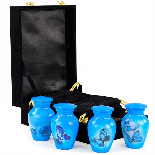 Nagina International Keepsake Urns Small for Human Ashes Set of 4 | Mini Funeral Cremation Pot with Velvet Box | Cremated Remains Storage Container & Box (Capri Blue)
