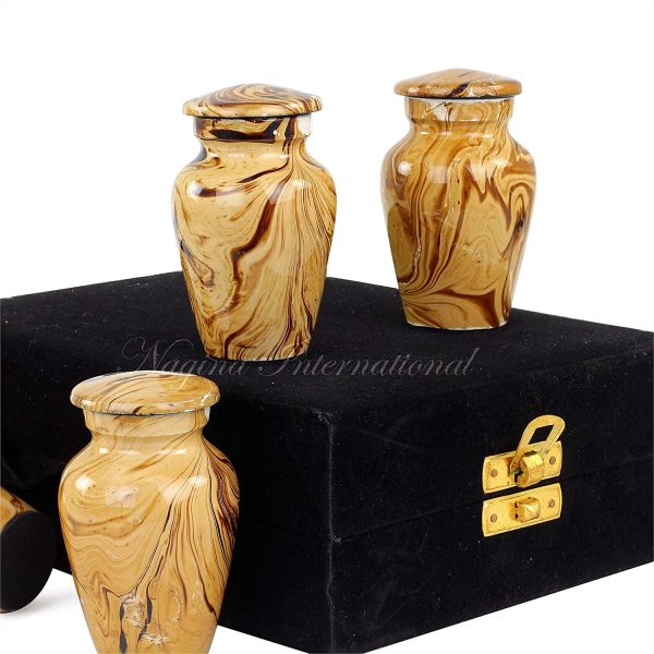 Nagina International Keepsake Urns Small for Human Ashes Set of 4 | Mini Funeral Cremation Pot with Velvet Box | Cremated Remains Storage Container & Box (Caramel Brown)