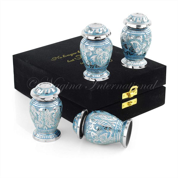 Nagina International Keepsake Urns Small for Human Ashes Set of 4 | Mini Funeral Cremation Pot with Velvet Box | Cremated Remains Storage Container & Box (Arita Blue)