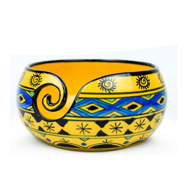 Ceramic Attractively Hand Painted Gorgeous Stoneware Yarn Ball Storage Bowl with Innovative Dispensing Curl | Knitting & Crochet Accessions | Nagina International (Wild Aqua Yellow)