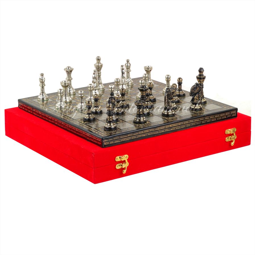 12" Solid Brass Classic Black Chess Set | Metal Chess Pieces with Large Brass Board | Beautiful Handcrafted Set | Abstract Strategy Tactic Board Games with Red Velvet Storage Case