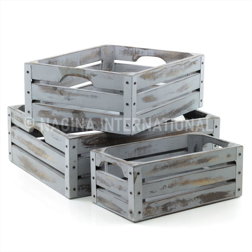 Nagina International Set of 3 Rustic Wooden Decorative Nesting Storage Crates with Galvanized Metal Corners | Wooden Basket Centerpieces for Home (White Grey)