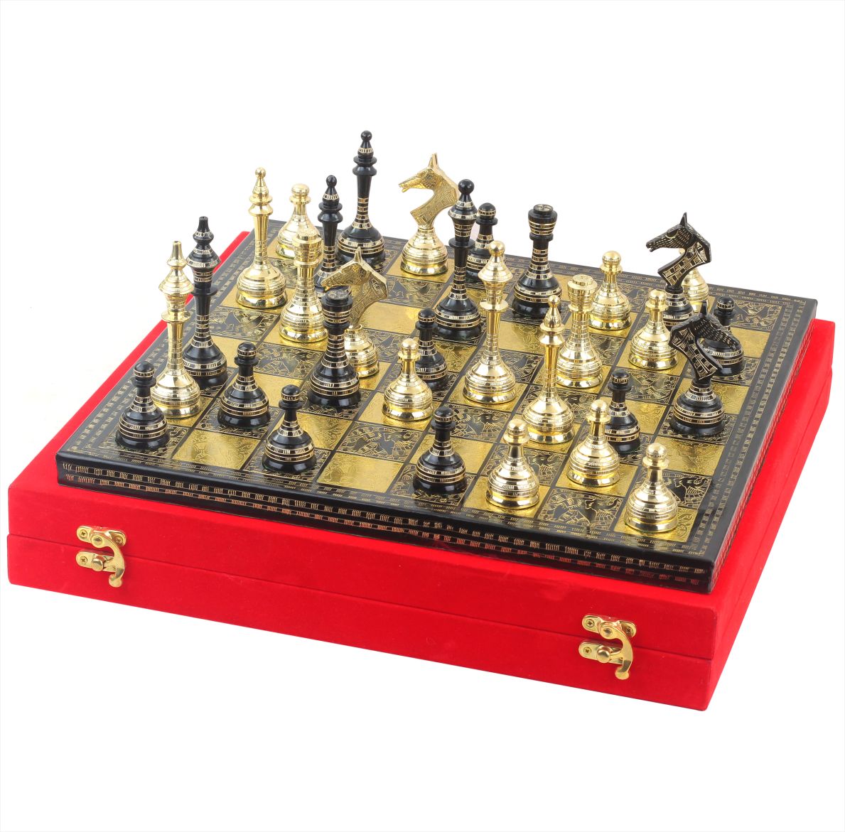 12" Solid Brass Classic Black Chess Set | Metal Chess Pieces with Large Brass Board | Beautiful Handcrafted Set | Abstract Strategy Tactic Board Games with Red Velvet Storage Case (Black & Gold)