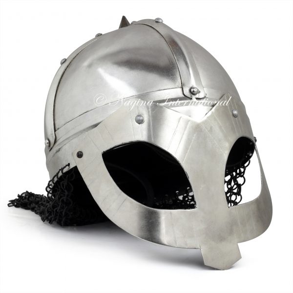 Panda Style Steel Silver Helmet with Chain Mail Attached Without Wooden Base | Medieval Warrior Wearable Armor Helmet | Leather Padded Lining| Roman Trojan Warrior Knight Spartan LARP Costume