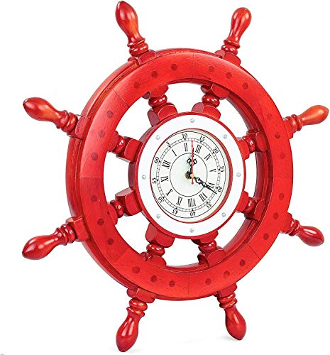 Red Ship Wheel | Nautical Pirate's Premium Polished Boat Steering Ship Wheel Wall Clock | Premium Gifts Home Decor Ideas | Handcrafted Wooden Ship Wheel - Home Wall Decor (Hell Boy) (18 Inches)
