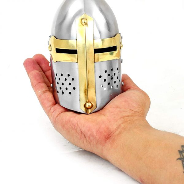 Nagina International Mini Handheld Sized Medieval Sugarloaf Brass Crusader's Templar Steel & Brass Helmet | Home Decor Accent Artifacts