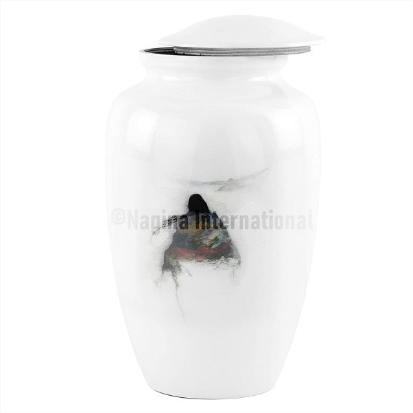 10" Aluminum Metal Cremation Urn for Cremated Human Ash Remains Storage | Beautiful Artwork Printed Funeral Pot & Cremation Jar (Eternal White)