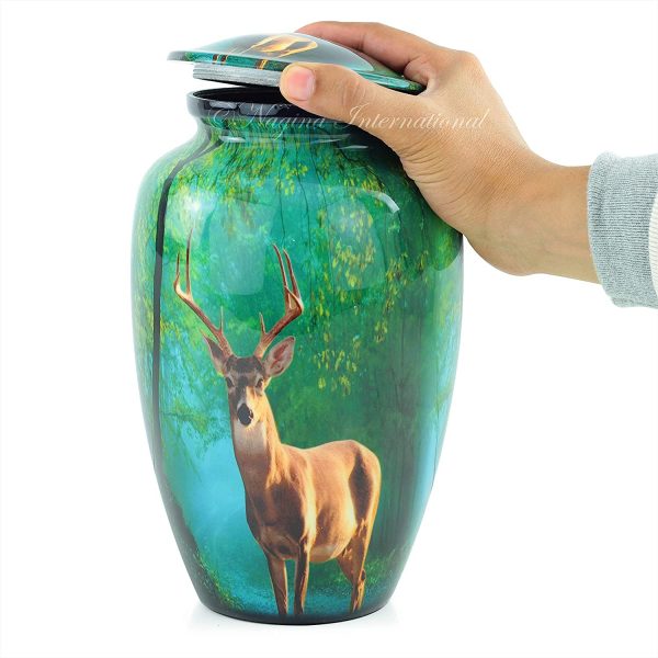 10" Cremation Urn with Lid | Pet Loss & Adults Human Ash Cremation Aluminum Metal Urns | Large Portable Burial Urn | Beautiful Printed Artwork Funerary Urn for Ash Storage (Reindeer Green)