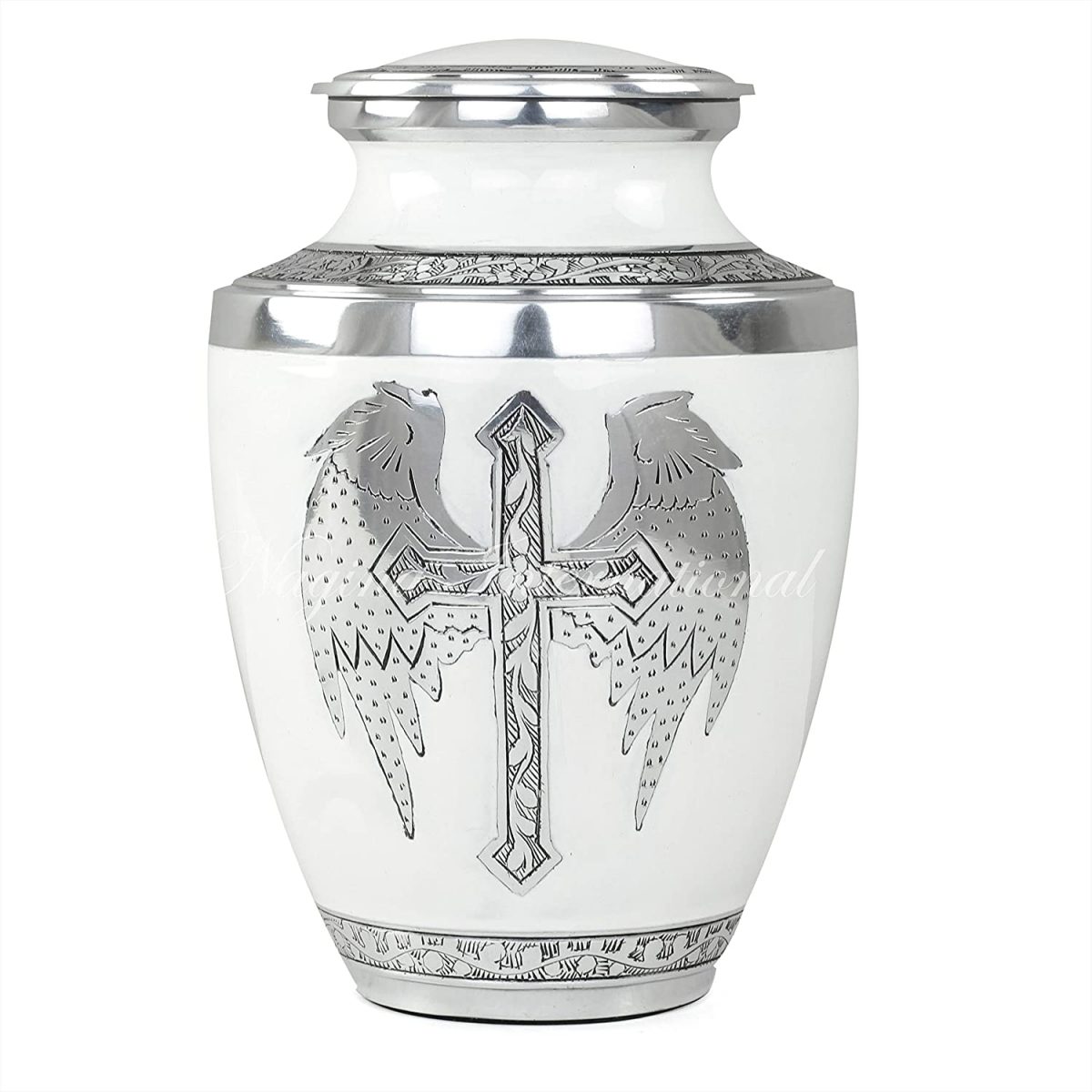 10" Aluminum Decorative Funeral Urns For Cremated Human Ash Remains Storage | Beautiful Funeral Pot For Pet Loss & Loved Ones | Large Size Engraved Metal Urns Premium Finish (White Silver Axe)