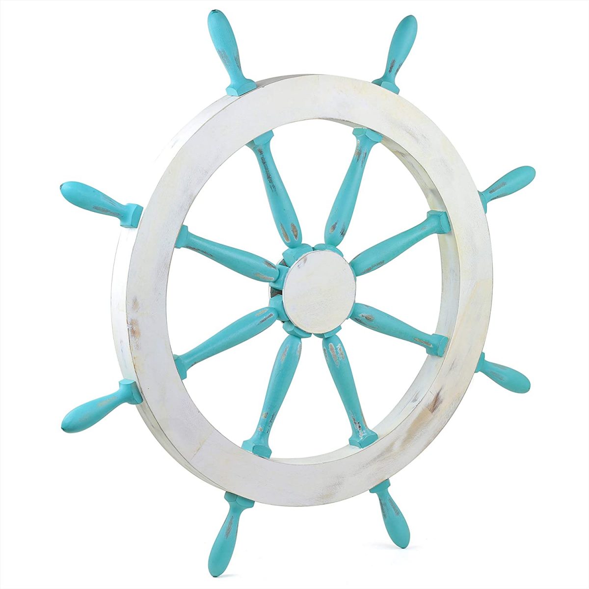 Antique Vintage Nautical Ship Wheels | Teal Blue & White Old Western Cart Wagon Carriage Wheel Style Home Decor | Pirate's Boat Steering Wheel | Wall Hanging Decor Ideas (Riviera)