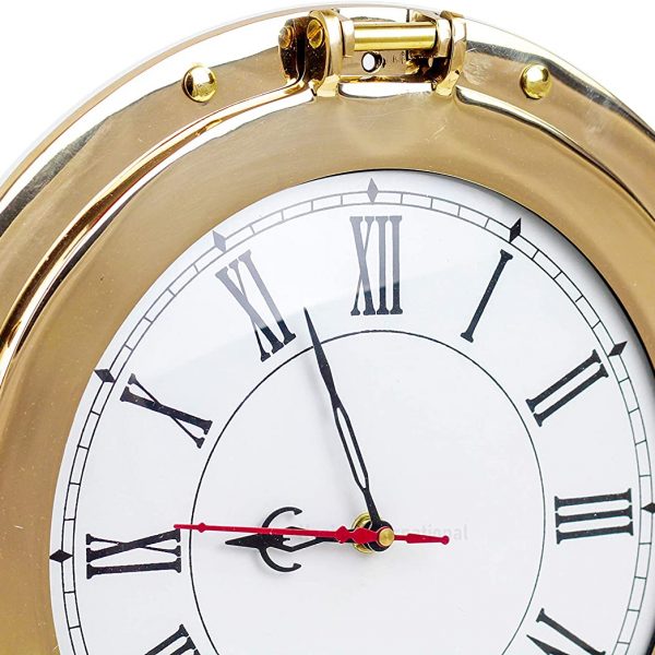 Nagina International Premium Nautical Brass Porthole Clock | Pirate Ship's Elegant Metal Roman Dial Face Wall Clock | Home Decorative Gifts