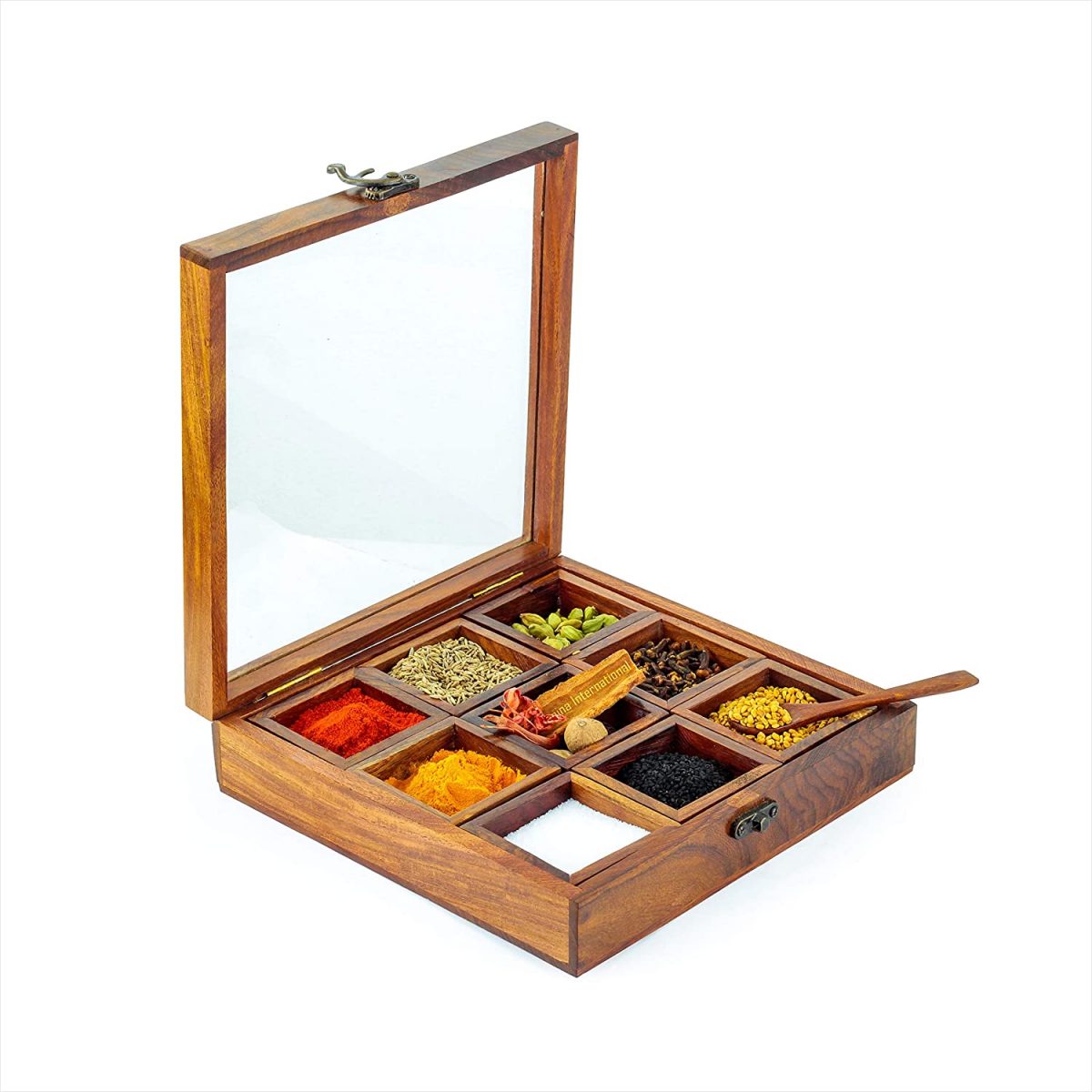 Wooden Handcrafted Multi-Compartment Square Storage Box Multipurpose Table  Top Glass Lid on Top Box| Spice box | Dry Fruit Box | 9 equally spice