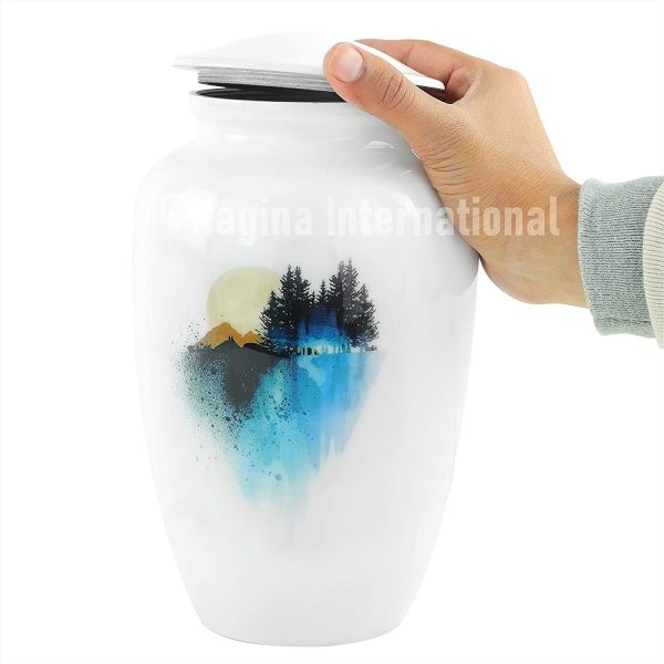 10" Aluminum Metal Cremation Urn for Cremated Human Ash Remains Storage | Beautiful Artwork Printed Funeral Pot & Cremation Jar (Wonderland White)