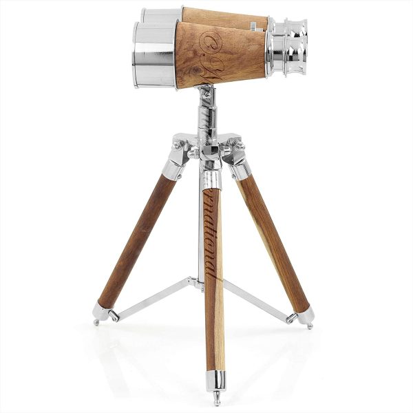 Brass Nautical Binocular On Tripod Stand with Wooden Barrel | Nickel Plated Polished Finished | Antique Vintage Captains Marine Nautical Gifts Ideas | Home Decoration Collectible Ideas