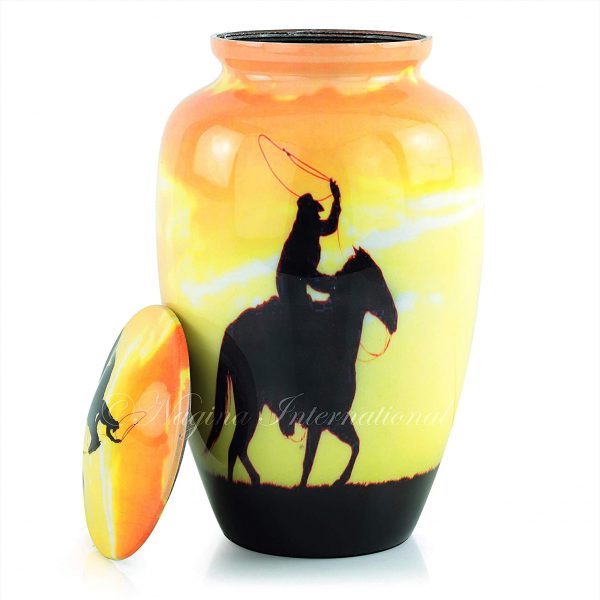10" Large Metal Classic Cremation Beautiful Printed Urns | Cremation Ash Remains Storage Funerary Urns | Adult Human & Pet Loss Urns (Yellow Sunset Rider)