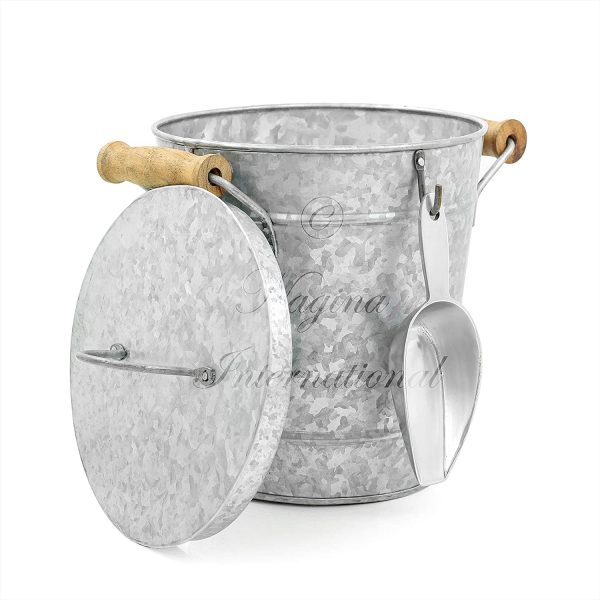 Grey Ice Buckets With Lid & Carry Wooden Handles | Conductive Cooler & Cellar Bucket With Ice Bucket Scoop | Kitchen Ware & Barwares | Lightweight & Portable