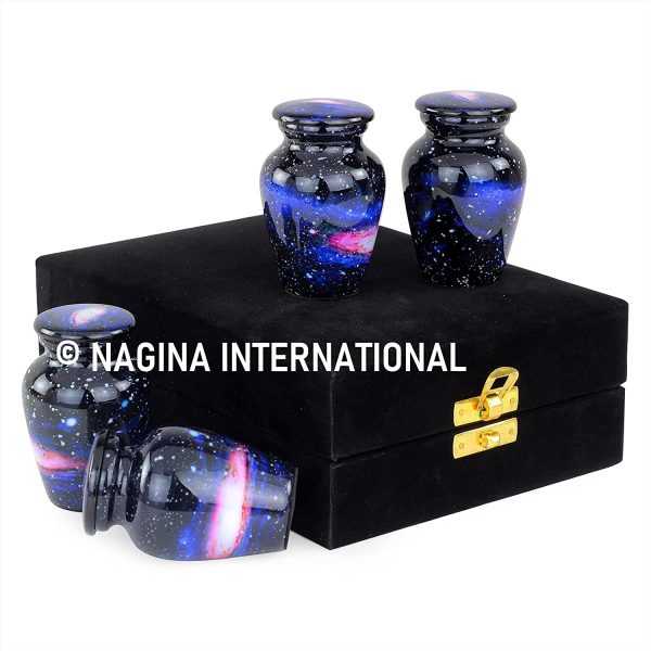 Nagina International Keepsake Urns for Human Ashes Set of 4 | Mini Funeral Cremation Pot with Velvet Box | Cremated Remains Storage Container & Box (Milky Way)