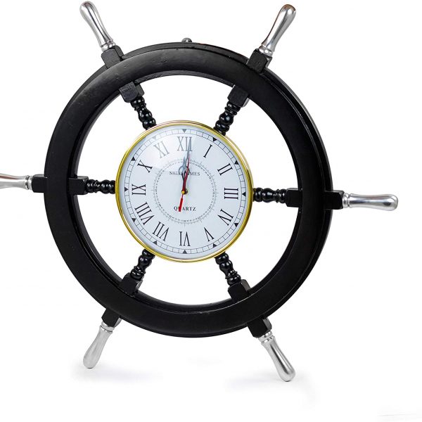 30" Black Ship Wheel with Roman Numeral Brass Polished White Dial | Wall Hanging Decor Clock for Living Room | Black & Bold Beautiful Hanging Pirate's Nautical Rudder Clock