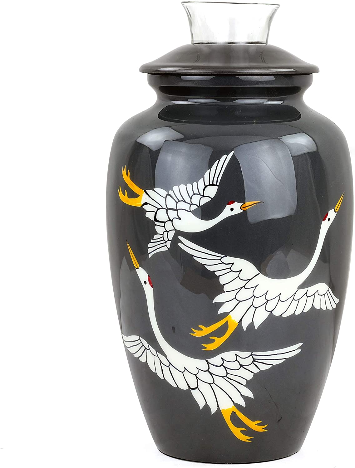 10" Black Aluminum Cremation Urn Handcrafted | Funeral Pot for Ash Storage | Ash Storage Container for Adult & Pet Loss | Beautiful Crane Birds Elegant Design | Condolence Gifts Ideass