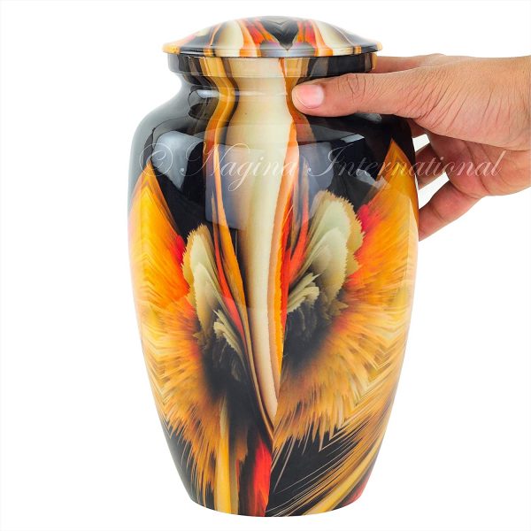 11" Aluminum Cremation Funeral Urns for Adult Human & Pet Loss | Beautiful Style Handcrafted Burial Funeral Urns for Cremated Ash Remains Storage (Orange Fire)