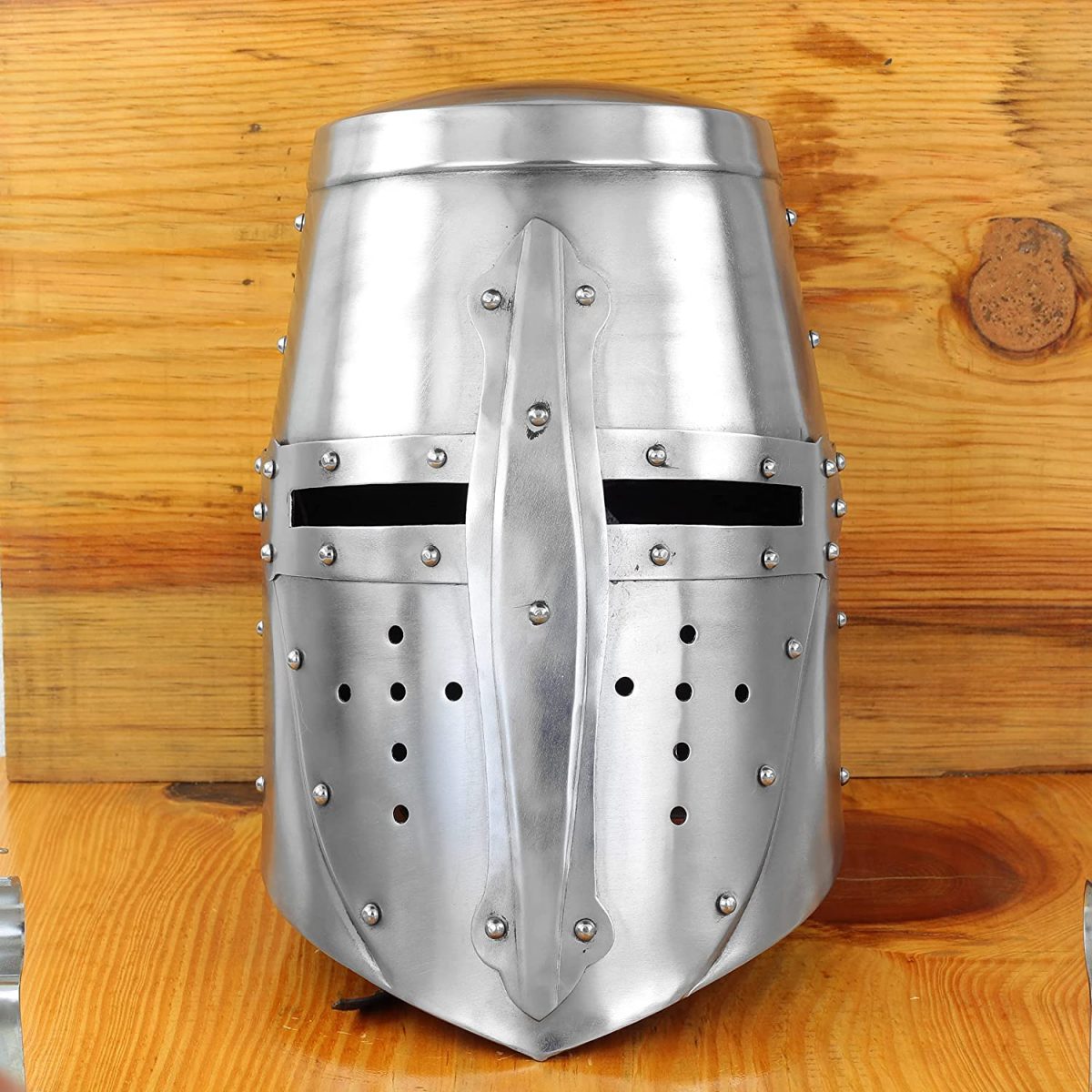 Nagina International Medieval Era Crusader Great Helm Knight Steel Helmet, 6 Hole Patterned Cheeks & Nasal Strip Design, Perfect for LARP & Stage  Theatrical Dramas