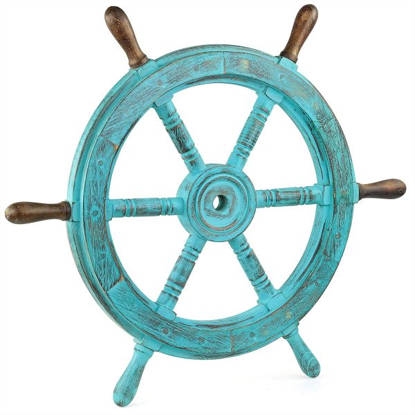 Nagina International Nautical Wooden Antique Vintage Captain's Ship Wheel - Pirate Home Decor Gifts - Nursery Wall Hangings (Antique Ocean Blue)