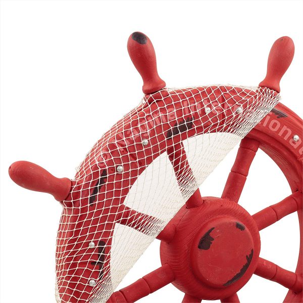 Nautical Red Ship Wheel Antique Vintage Style With Rivets & Mediterranean Fishing Net Styled With Black Spots Graffiti Art | Maritime Captains Ocean & Sea Gifts & Wall Sculptures