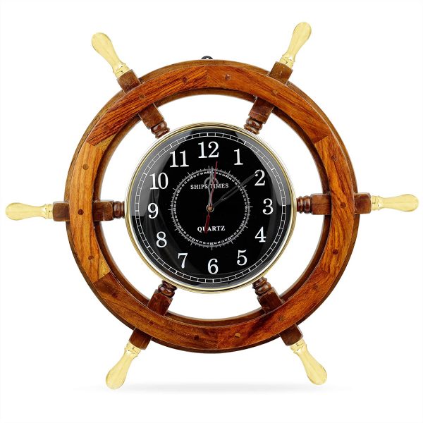 Nagina International 24" Wooden Ship Wheel Clock Boat Steering Wheel with Brass Handle Black Dial | Home Decor & Decorations | Pirate's Nursery Gift for Maritime