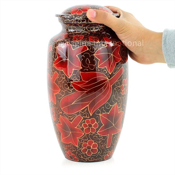 10" Aluminum Metal Cremation Urn for Cremated Human Ash Remains Storage | Beautiful Artwork Printed Funeral Pot & Cremation Jar (Foliage Red)
