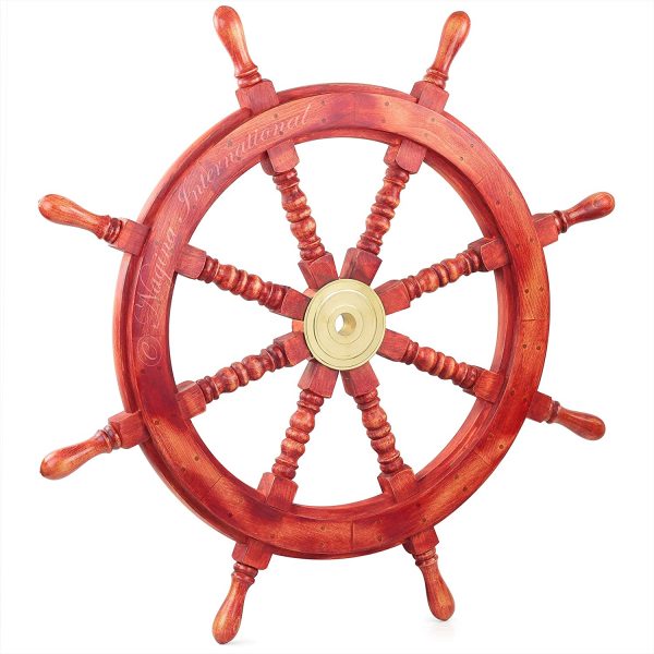 Red Wooden Ship Wheel Handcrafted From Malaysian Wood With Brass Centre Hub | Nautical Wall Hanging Sculpture Room Decor Ideas