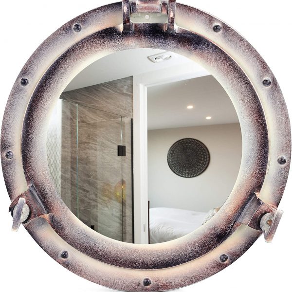 Antique Purple Rustic Patina Nautical Maritime Ship's Porthole Frame | Wall & Bathroom Sculpture Aluminum Porthole | Home Decor Ideas | Round Glass Hanging Porthole (Reflective Mirror)