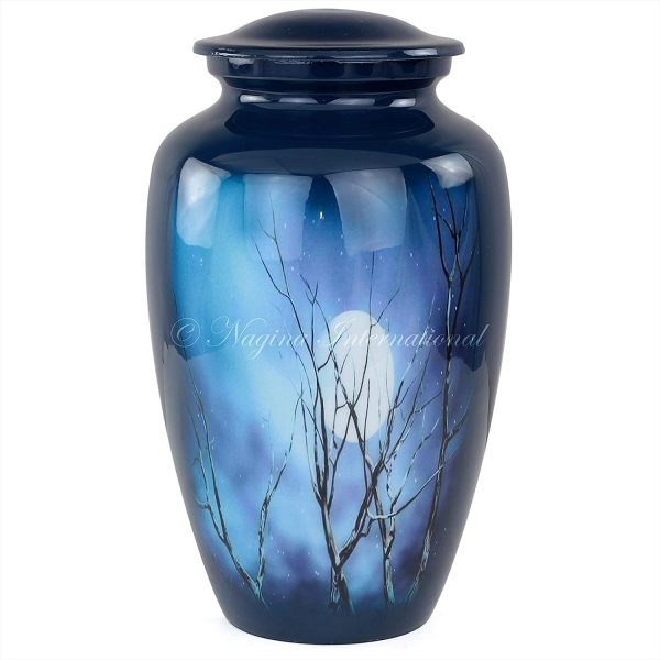 10" Aluminum Metal Cremation Urn for Cremated Human Ash Remains Storage | Beautiful Hunter Scenic Artwork Printed Funeral Pot & Cremation Jar (Moony Blue)