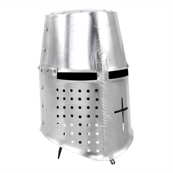 Medieval Era Crusader Riveted Great Helm Knight Steel Silver Helmet With Drilled Mesh-Cheek Crucifix Pattern | Perfect for LARP & Stage Theatrical Dramas | Halloween Props & Headwear