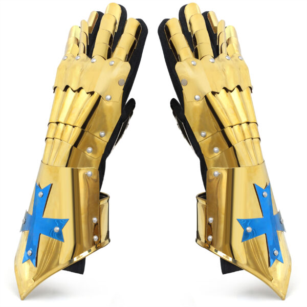 Gauntlets Brass Plated Yellow Gold Finish | Medieval Knight Costume | Decorative Accent Halloween Steel Hand Wearable Cosplay Gauntlets | Free-Size Armor Handshield Gauntlet Gloves
