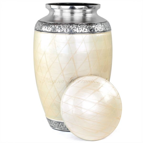 10" Aluminum Decorative Funeral Urns For Cremated Human Ash Remains Storage | Beautiful Design Funeral Pot For Pet Loss & Loved Ones | Large Size Engraved Metal Urns Premium Finish (Pine White)